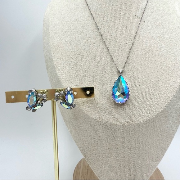 Vintage Aurora Borealis AB Austrian Crystal Dangle Bridal Earring Necklace Sets - Picture 3 of 9